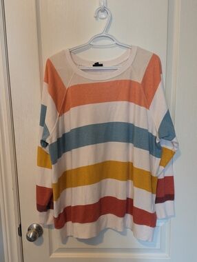 Torrid Coral and Cream Striped Crewneck Sweater